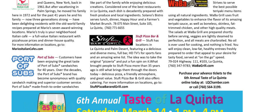 6th Annual Taste of La Quinta Saturday, March 14, 2015