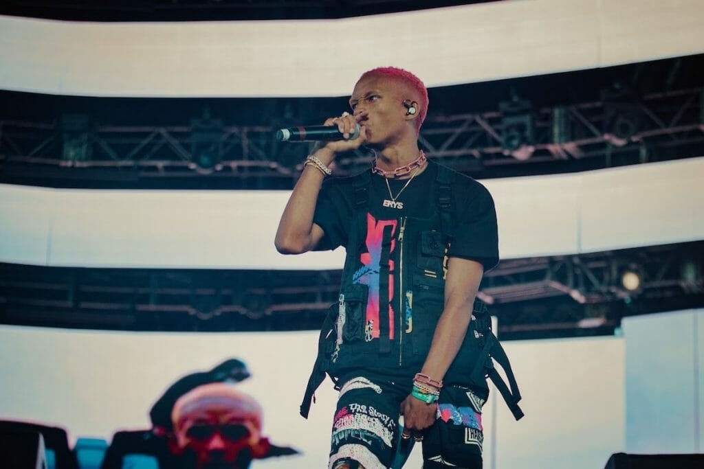 Pink-haired Jaden Smith had a wild performance at the Sahara Tent, which included him atop a Tesla Model X. (Courtesy of Coachella)