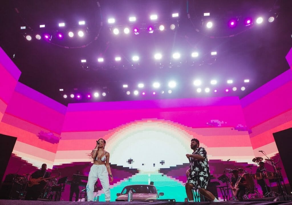 Khalid sings with special guest Halsey during his Sunday night performance right before Ariana Grande. (Courtesy of Coachella)